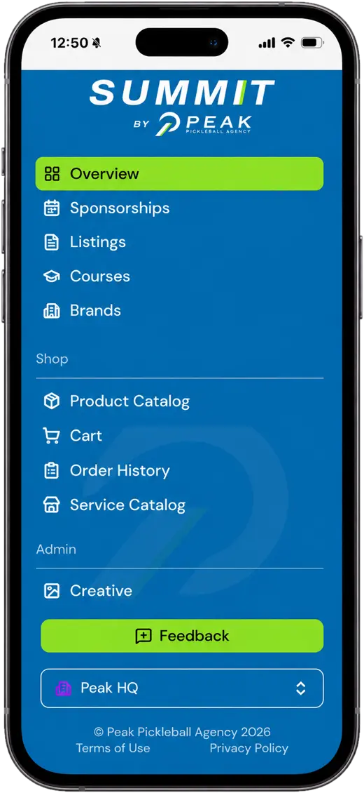 Summit on a phone, showing the menu for Overview, Sponsorships, Listings, Courses, Brands, Product Catalog, Cart, Order History, and Service Catalog