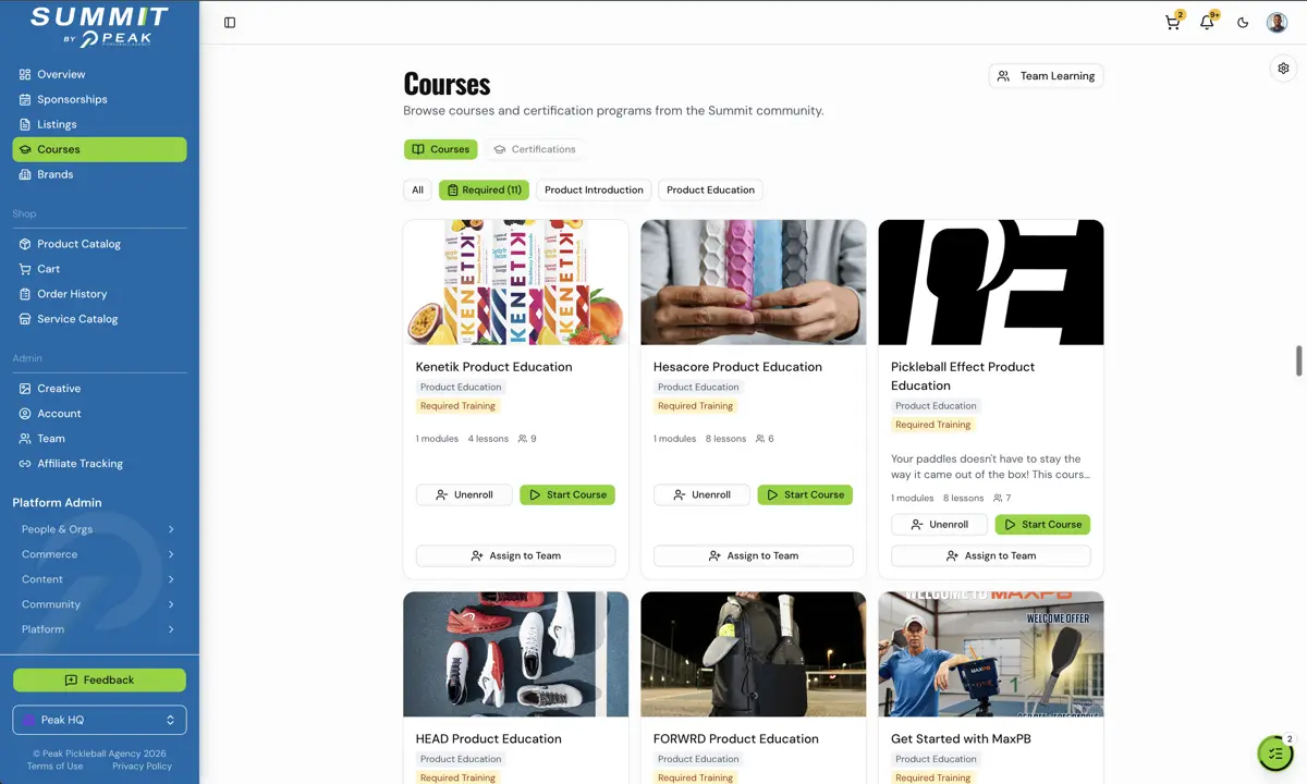 Summit Courses page with required product education courses from Kenetik, Hesacore, Pickleball Effect, HEAD, FORWRD, and MaxPB