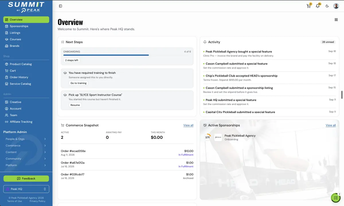 Summit Overview dashboard with next steps, activity feed, commerce snapshot, and active sponsorships