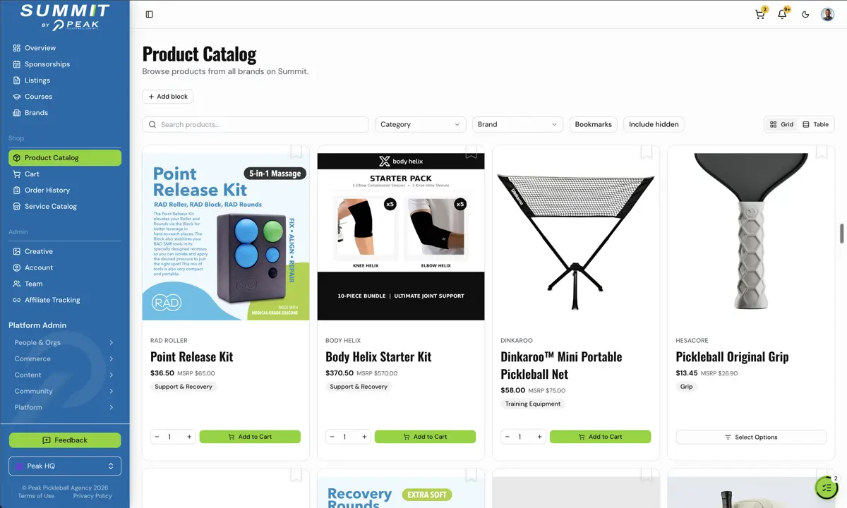 Summit Product Catalog showing wholesale and MSRP prices for products from RAD Roller, Body Helix, Dinkaroo, and Hesacore